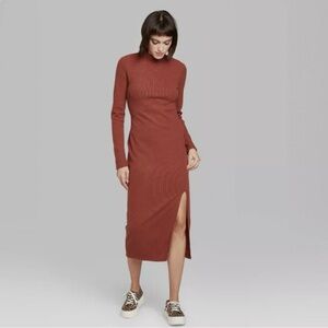 Wild Fable Rust Ribbed Mock Neck Long Sleeve Bodycon Midi Dress - Size Large